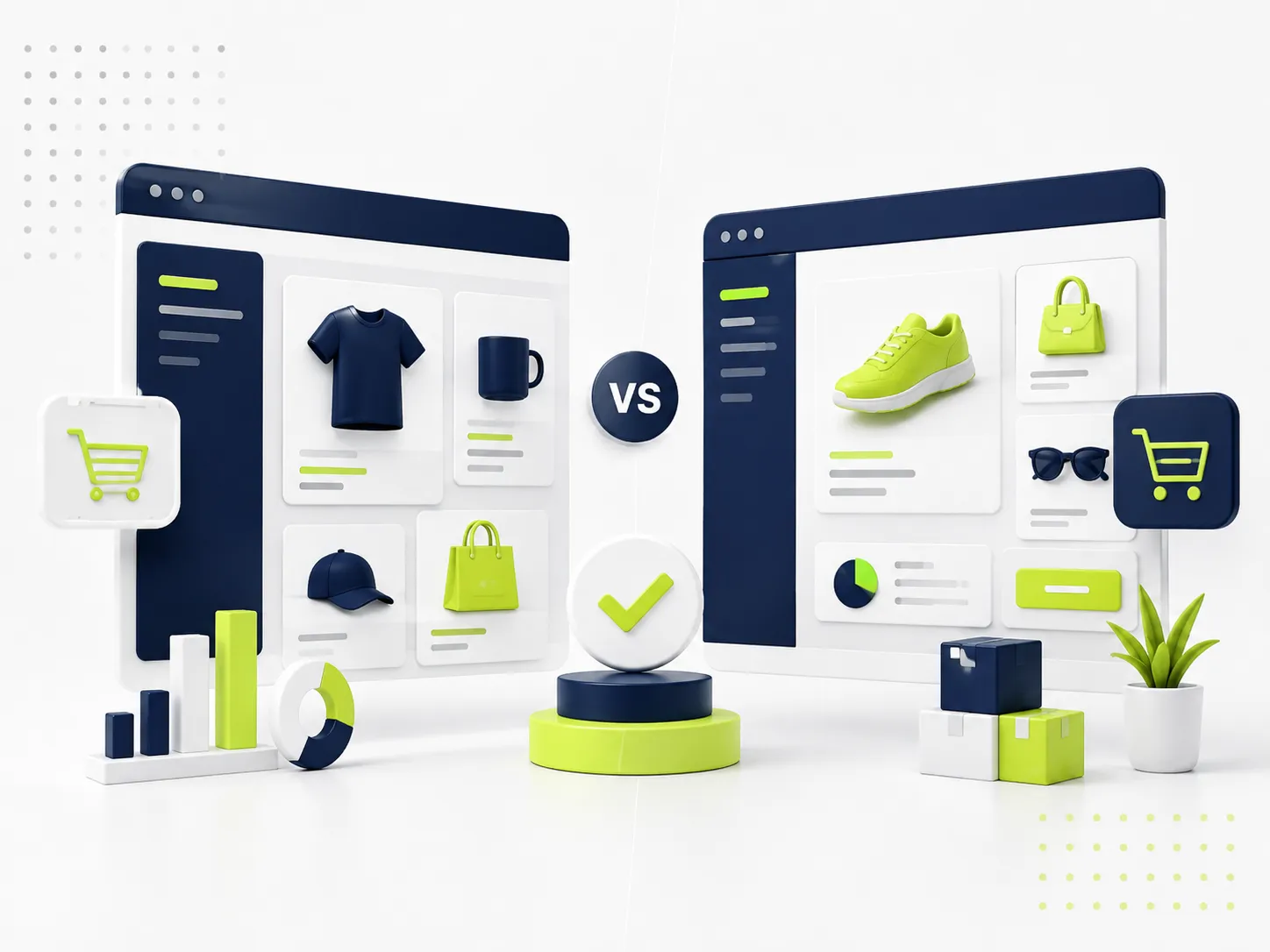 Comparativa visual de dos tiendas online enfrentadas, representando WooCommerce frente a Shopify